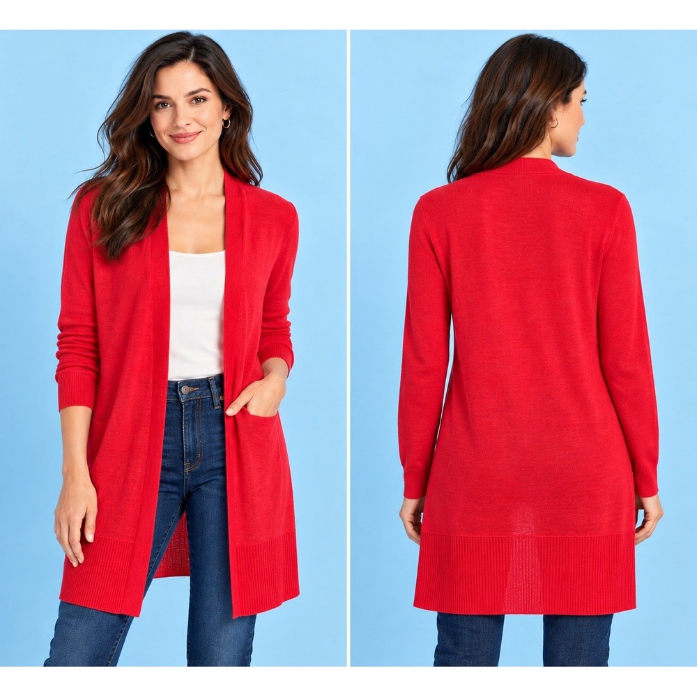 Ann Taylor Red Linen Rayon Blend Long Open Front Cardigan XXS Lightweight Office